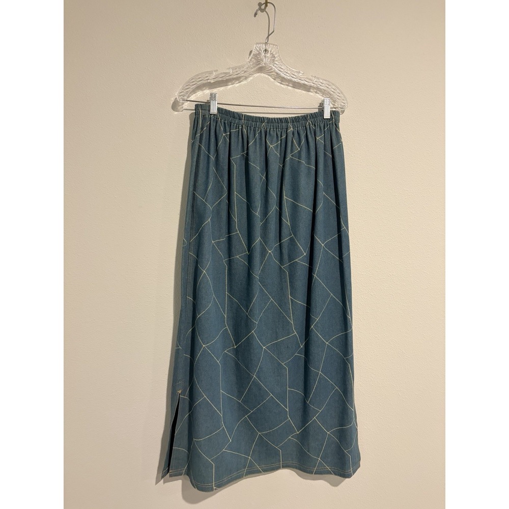Blue Denim Embroidered Patchwork Maxi Skirt~Sz XL~Retro 70s Boho Festival Hippie - Picture 5 of 10